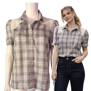 Vtg h.i.s. Blue Plaid Button Up Western Shirt Womens Large Puff Sleeve Blouse